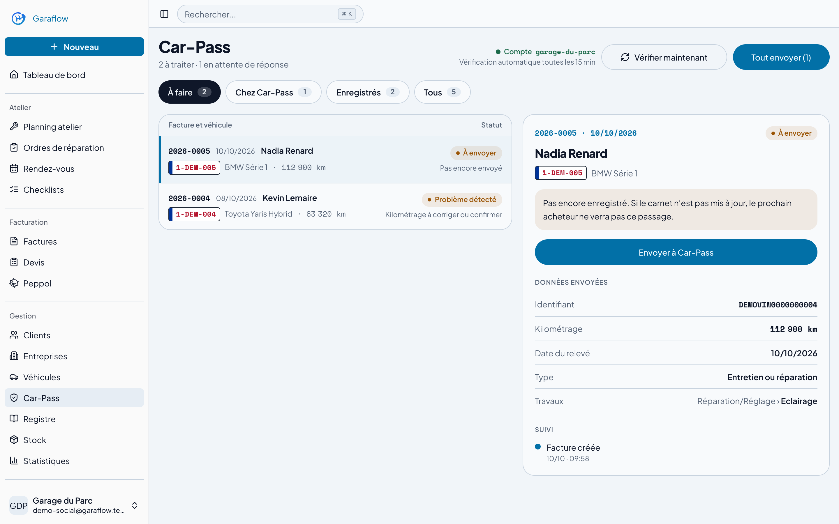 Page Car-Pass de GaraFlow : liste des factures à envoyer, avec le détail de l’envoi sélectionné.